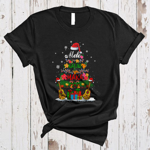MacnyStore - Mele Kalikimaka, Colorful Christmas Lights Tree Santa Guitar, Hawaiian Hawaii Tropical X-mas T-Shirt
