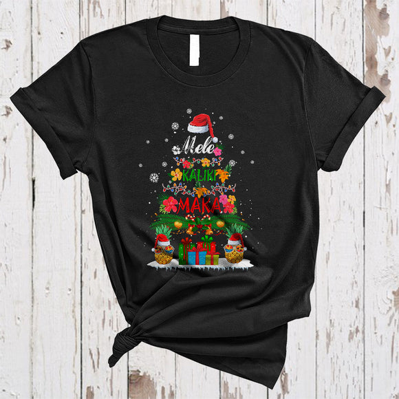 MacnyStore - Mele Kalikimaka, Colorful Christmas Lights Tree Santa Pineapple, Hawaiian Hawaii Tropical X-mas T-Shirt