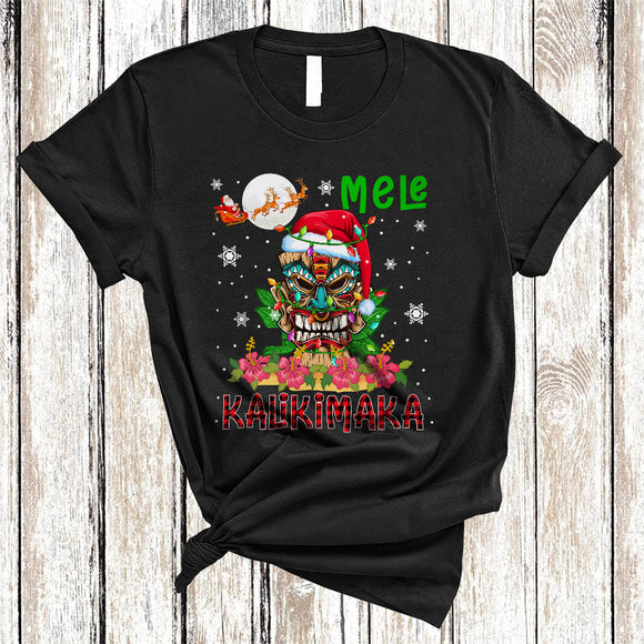 MacnyStore - Mele Kalikimaka, Joyful Plaid Christmas Santa Tiki Lover, X-mas Lights Moon Snow Around T-Shirt