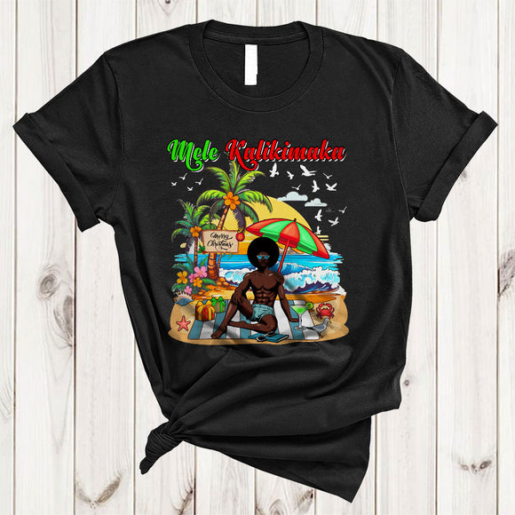 MacnyStore - Mele Kalikimaka, Wonderful Christmas Black Afro Men Drinking, Beach Summer Hawaiian Hawaii T-Shirt