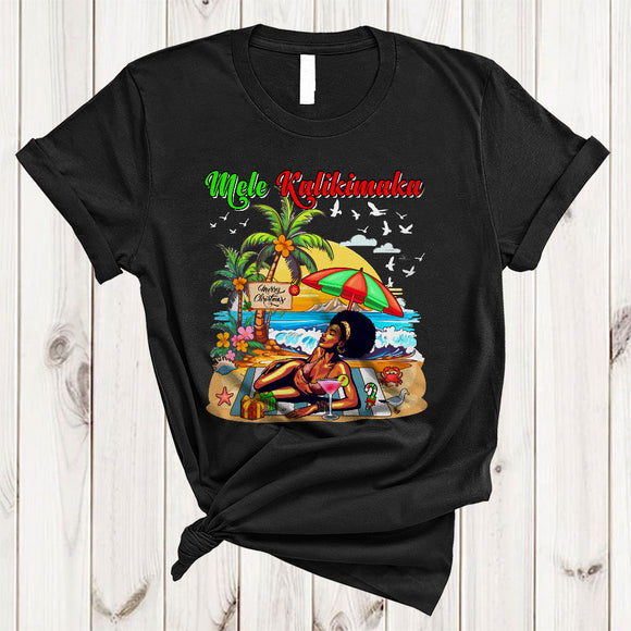 MacnyStore - Mele Kalikimaka, Wonderful Christmas Black Afro Women Drinking, Beach Summer Hawaiian T-Shirt