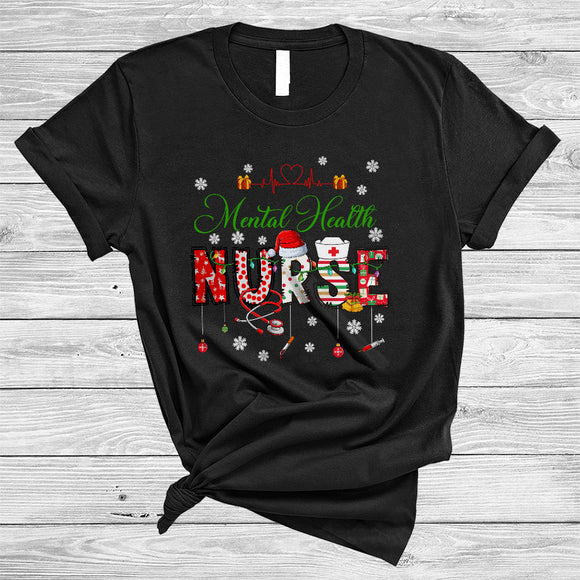 MacnyStore - Mental Health Nurse, Colorful Christmas Santa Nurse Crew Team, Matching X-mas Pajama Family Group T-Shirt
