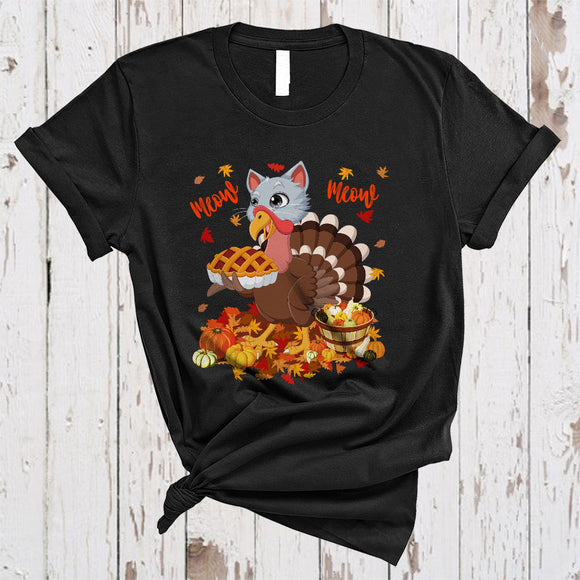 MacnyStore - Meow Meow Funny Family Thanksgiving Fall Leaf Pumpkin Turkey Cat Face Lover T-Shirt