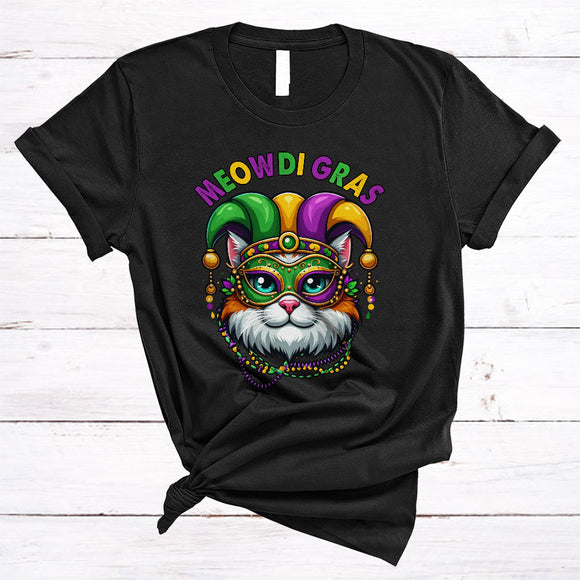 MacnyStore - Meowdi Gras, Lovely Cat Wearing Mardi Gras Mask Beads Jester Hat, Carnival Parade Group T-Shirt