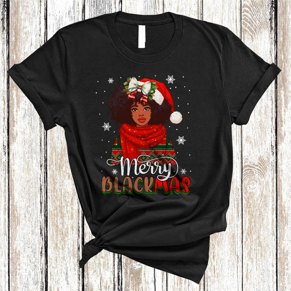 MacnyStore - Merry Blackmas, Adorable Christmas Santa African American Girl Women, Black Afro Proud T-Shirt