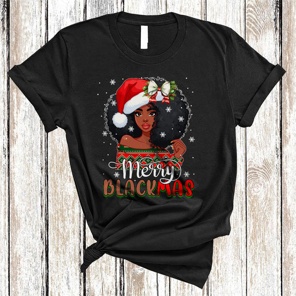 MacnyStore - Merry Blackmas, Adorable Christmas Santa African Girl Women, X-mas Black Afro Proud T-Shirt