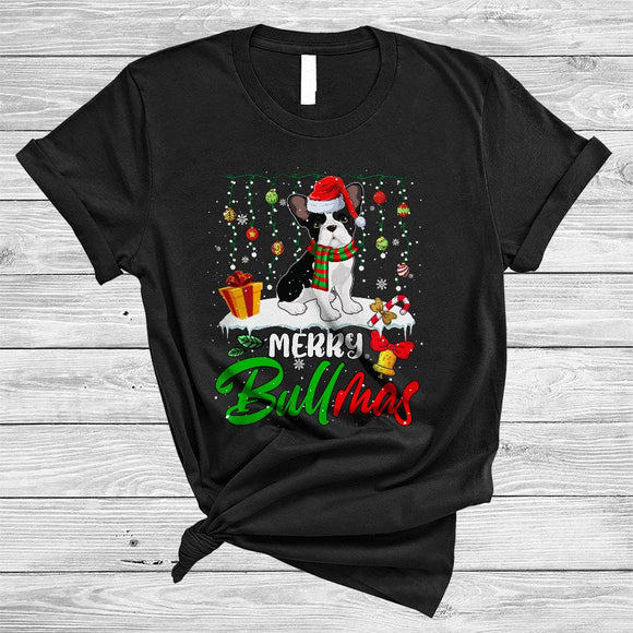 MacnyStore - Merry Bullmas, Colorful Christmas Santa French Bulldog, X-mas Lights Snow Family Group T-Shirt