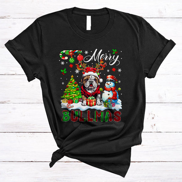MacnyStore - Merry Bullmas, Colorful Plaid X-mas Tree Snowman, Christmas Animal Santa Bulldog Lover T-Shirt