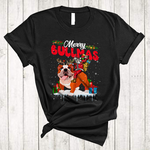 MacnyStore - Merry Bullmas, Humorous Christmas Lights Santa Riding Bulldog Reindeer, X-mas Animal Lover T-Shirt