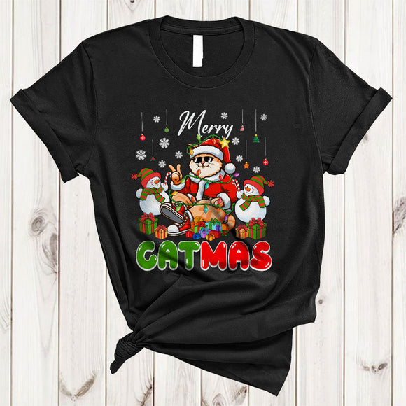 MacnyStore - Merry Catmas, Joyful Christmas Santa Kitten Snowman, Matching X-mas Pajama Group T-Shirt