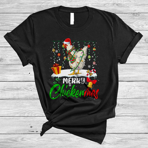 MacnyStore - Merry Chickenmas, Colorful Christmas Santa Chicken, X-mas Lights Snow Farm Farmer T-Shirt