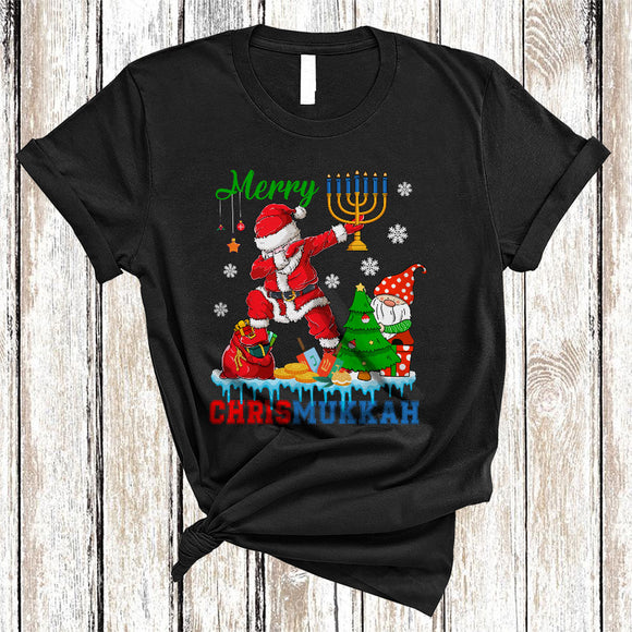 MacnyStore - Merry Chrismukkah, Joyful Cool Christmas Hanukkah Dabbing Santa, Menorah X-mas Gnomes T-Shirt