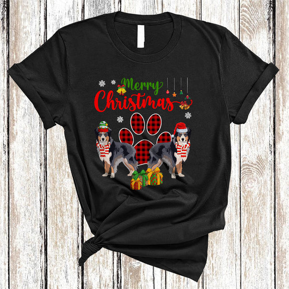 MacnyStore - Merry Christmas Cute Red Plaid Xmas Dog Paws Couple Santa ELF Australian Shepherd Lover T-Shirt