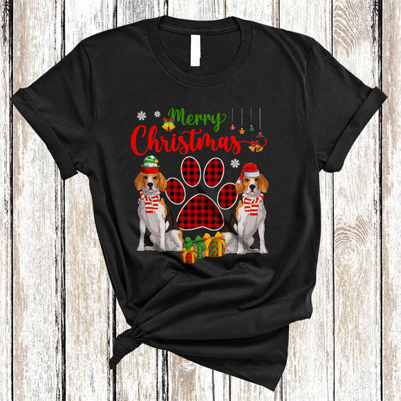 MacnyStore - Merry Christmas Cute Red Plaid Xmas Dog Paws Couple Santa ELF Beagle Lover T-Shirt