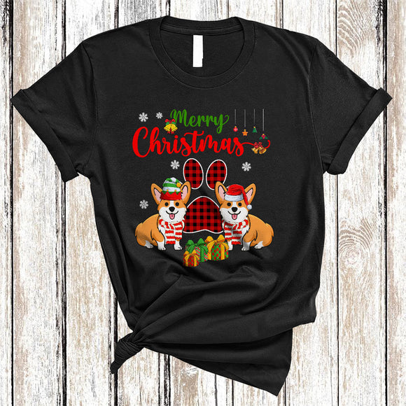 MacnyStore - Merry Christmas Cute Red Plaid Xmas Dog Paws Couple Santa ELF Corgi Lover T-Shirt
