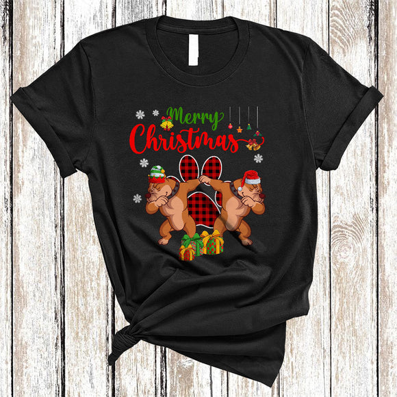 MacnyStore - Merry Christmas Cute Red Plaid Xmas Dog Paws Couple Santa ELF Dabbing Pit Bull Lover T-Shirt