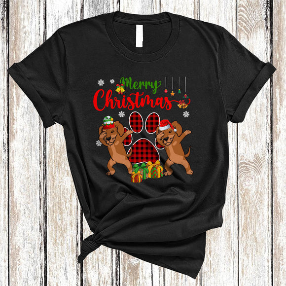 MacnyStore - Merry Christmas Cute Red Plaid Xmas Dog Paws Couple Santa ELF Dachshund Lover T-Shirt