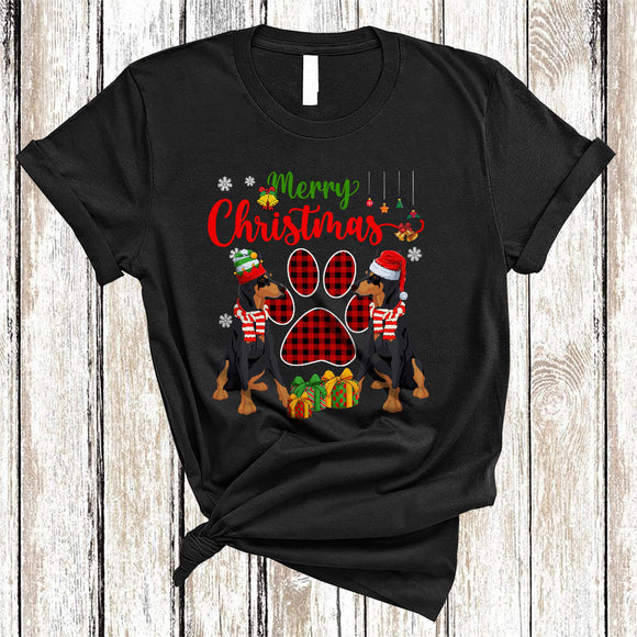MacnyStore - Merry Christmas Cute Red Plaid Xmas Dog Paws Couple Santa ELF Dobermann Lover T-Shirt