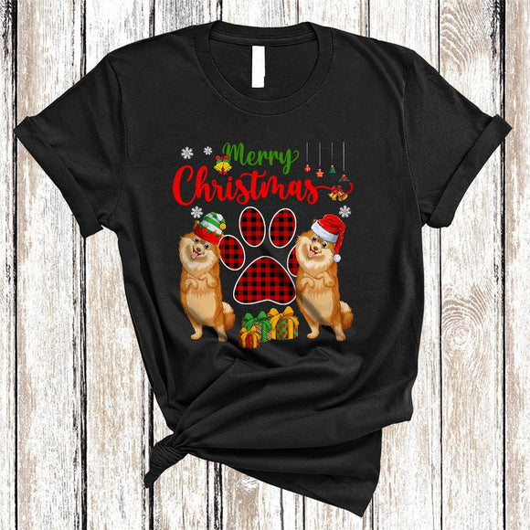 MacnyStore - Merry Christmas Cute Red Plaid Xmas Dog Paws Couple Santa ELF Pomeranian Lover T-Shirt