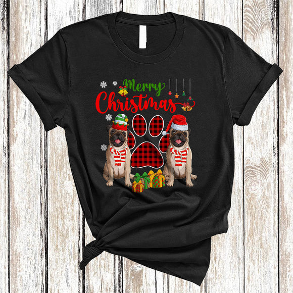 MacnyStore - Merry Christmas Cute Red Plaid Xmas Dog Paws Couple Santa ELF Pug Lover T-Shirt