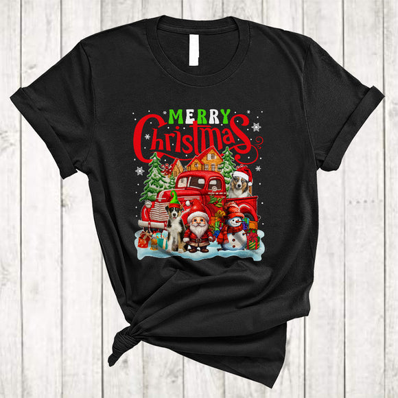 MacnyStore - Merry Christmas Cute Xmas Snow Gnome Snowman Australian Shepherd Dog On Pickup Truck T-Shirt