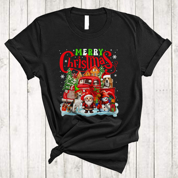 MacnyStore - Merry Christmas Cute Xmas Snow Gnome Snowman Beagle Dog On Pickup Truck T-Shirt