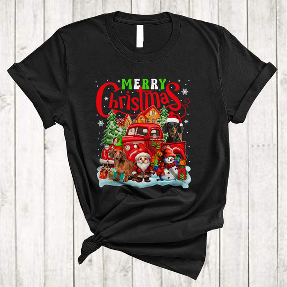 MacnyStore - Merry Christmas Cute Xmas Snow Gnome Snowman Dachshund Dog On Pickup Truck T-Shirt