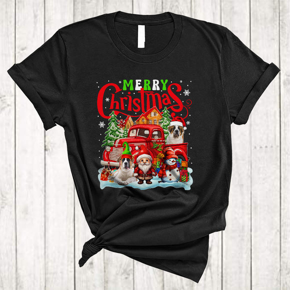 MacnyStore - Merry Christmas Cute Xmas Snow Gnome Snowman St. Bernard Dog On Pickup Truck T-Shirt