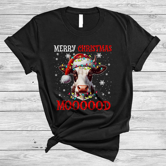 MacnyStore - Merry Christmas Moooood, Humorous Cool Christmas Lights Santa Cow, Farmer Farm Animal T-Shirt