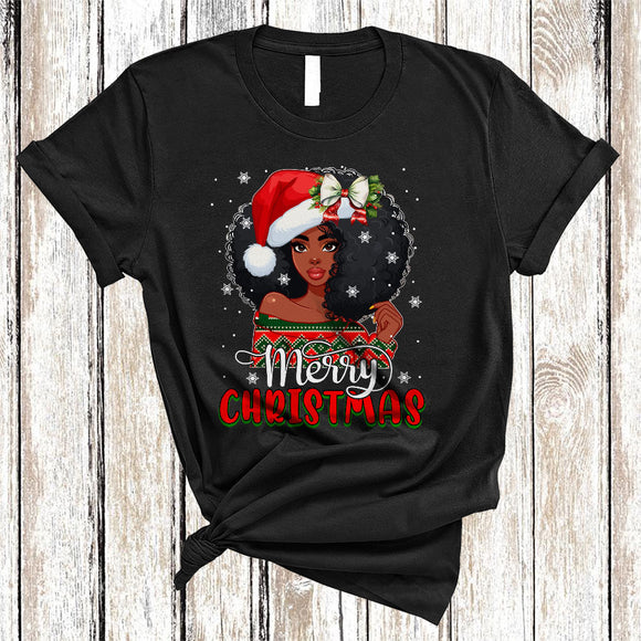 MacnyStore - Merry Christmas, Adorable Christmas Santa African Girl Women, X-mas Black Afro Proud T-Shirt