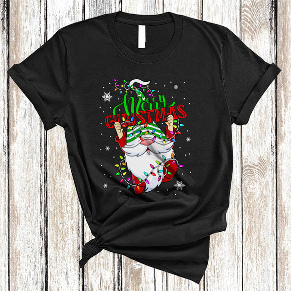 MacnyStore - Merry Christmas, Adorable Joyful Gnome Snow, Colorful X-mas Lights Gnomies Lover T-Shirt