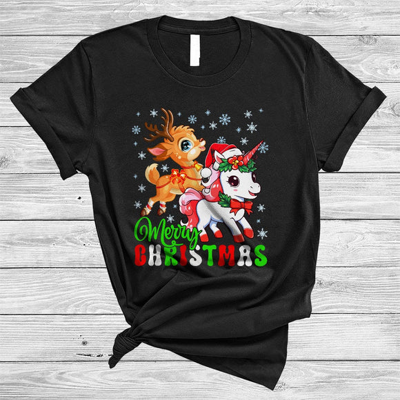 MacnyStore - Merry Christmas, Adorable Snow Reindeer Unicorn, Matching X-mas Pajama Family Group T-Shirt
