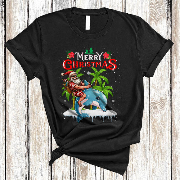 MacnyStore - Merry Christmas, Amazing X-mas Hawaiian Santa Riding Dolphin Lover, Matching X-mas Family Group T-Shirt