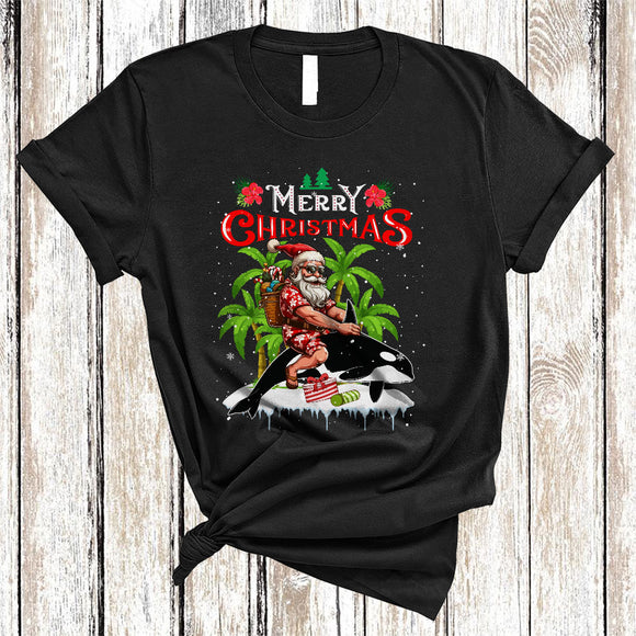 MacnyStore - Merry Christmas, Amazing X-mas Hawaiian Santa Riding Orca Lover, Matching X-mas Family Group T-Shirt