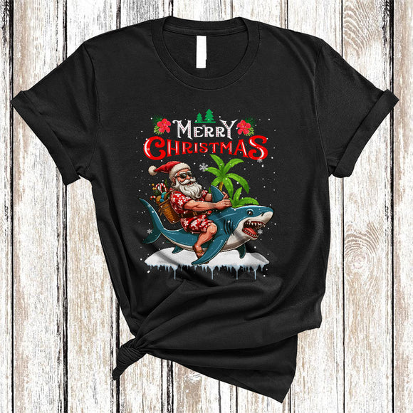 MacnyStore - Merry Christmas, Amazing X-mas Hawaiian Santa Riding Shark Lover, Matching X-mas Family Group T-Shirt