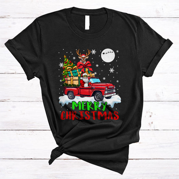 MacnyStore - Merry Christmas, Cheerful Christmas Santa Riding Pickup Truck Driver Lover, X-mas Snow Around T-Shirt