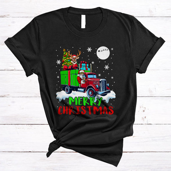 MacnyStore - Merry Christmas, Cheerful Christmas Santa Riding Truck Driver Lover, X-mas Snow Around T-Shirt