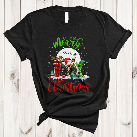 MacnyStore - Merry Christmas, Colorful Cool Leopard Plaid Reindeer Santa ELF Bartender Tools, X-mas Lights T-Shirt