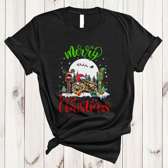 MacnyStore - Merry Christmas, Colorful Cool Leopard Plaid Reindeer Santa ELF Farmer Tools, X-mas Lights T-Shirt