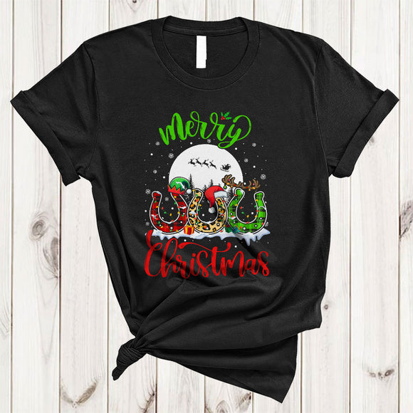 MacnyStore - Merry Christmas, Colorful Cool Leopard Plaid Reindeer Santa ELF Horse Horseshoe, X-mas Lights T-Shirt