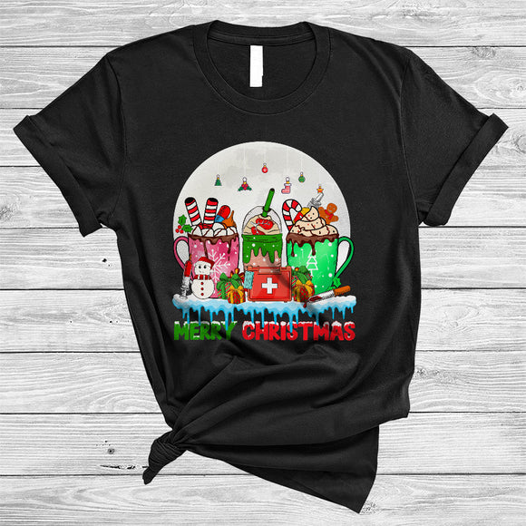 MacnyStore - Merry Christmas, Colorful Three Coffee Cups With Nurse Tools, Snow Around Nurse X-mas T-Shirt