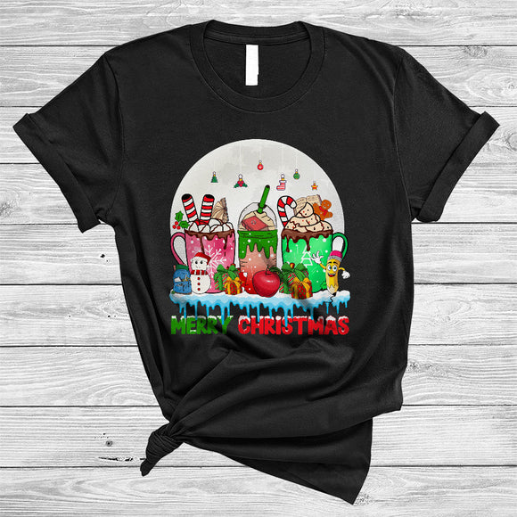 MacnyStore - Merry Christmas, Colorful Three Coffee Cups With School Tools, Snow Around School X-mas T-Shirt
