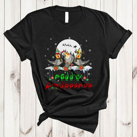 MacnyStore - Merry Christmas, Cool ASL Sign Language Three Cockatiel Birds, Snow Around Matching Family Group T-Shirt
