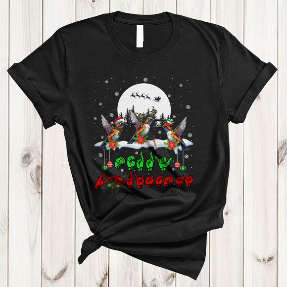 MacnyStore - Merry Christmas, Cool ASL Sign Language Three Hummingbird Birds, Snow Around Matching Family Group T-Shirt
