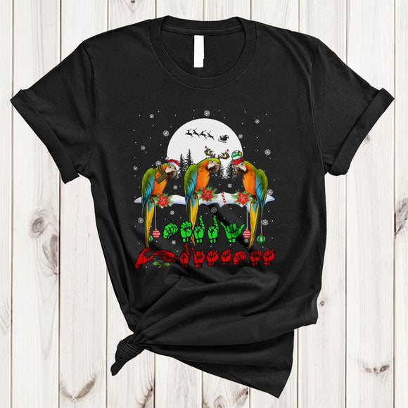 MacnyStore - Merry Christmas, Cool ASL Sign Language Three Macaw Birds, Snow Around Matching Family Group T-Shirt