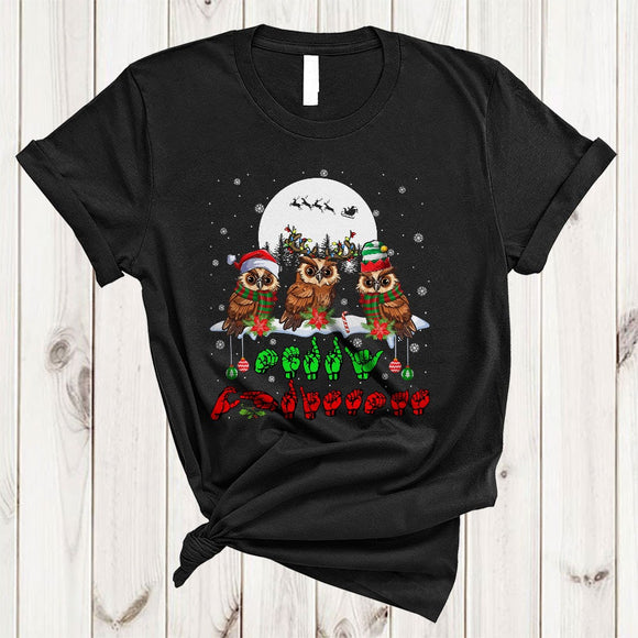 MacnyStore - Merry Christmas, Cool ASL Sign Language Three Owl Birds, Snow Around Matching Family Group T-Shirt