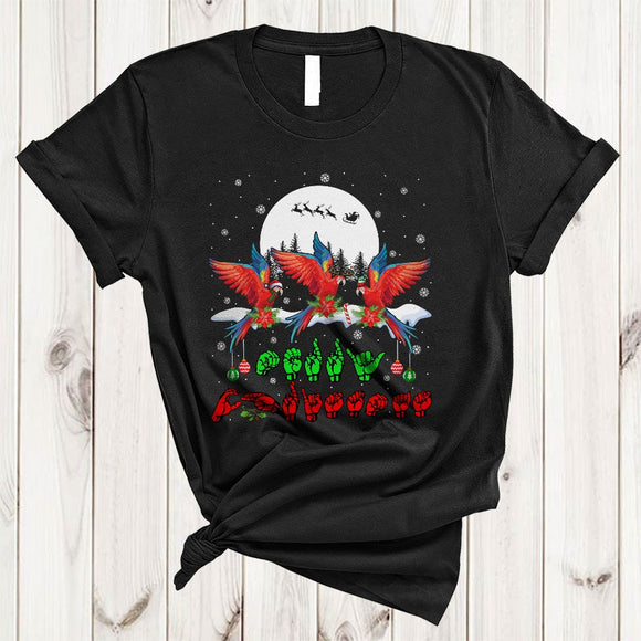 MacnyStore - Merry Christmas, Cool ASL Sign Language Three Parrot Birds, Snow Around Matching Family Group T-Shirt