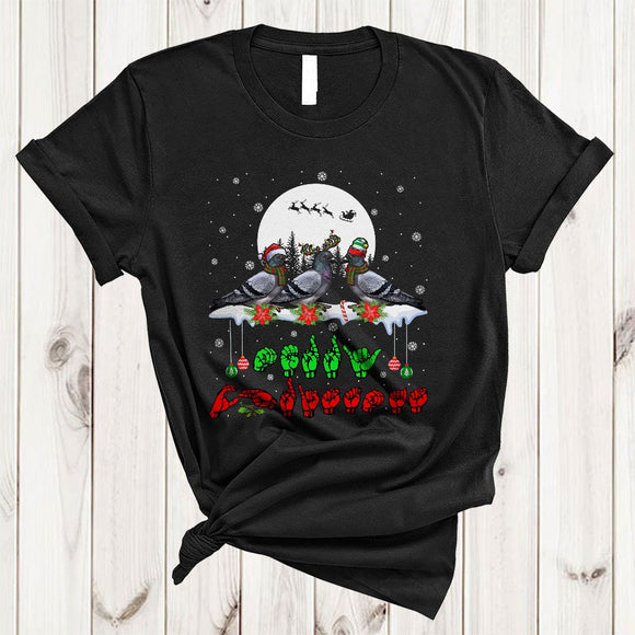 MacnyStore - Merry Christmas, Cool ASL Sign Language Three Pigeon Birds, Snow Around Matching Family Group T-Shirt