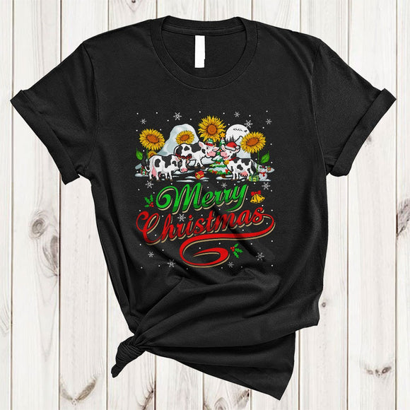 MacnyStore - Merry Christmas, Cool Lovely Three Cows With Sunflower, Snow Around Farm Farmer X-mas T-Shirt