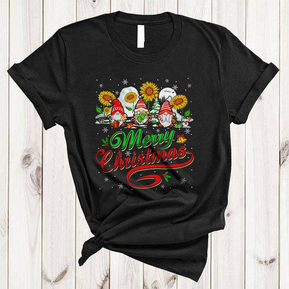 MacnyStore - Merry Christmas, Cool Lovely Three Gnomes With Sunflower, Snow Around Farm Farmer X-mas T-Shirt